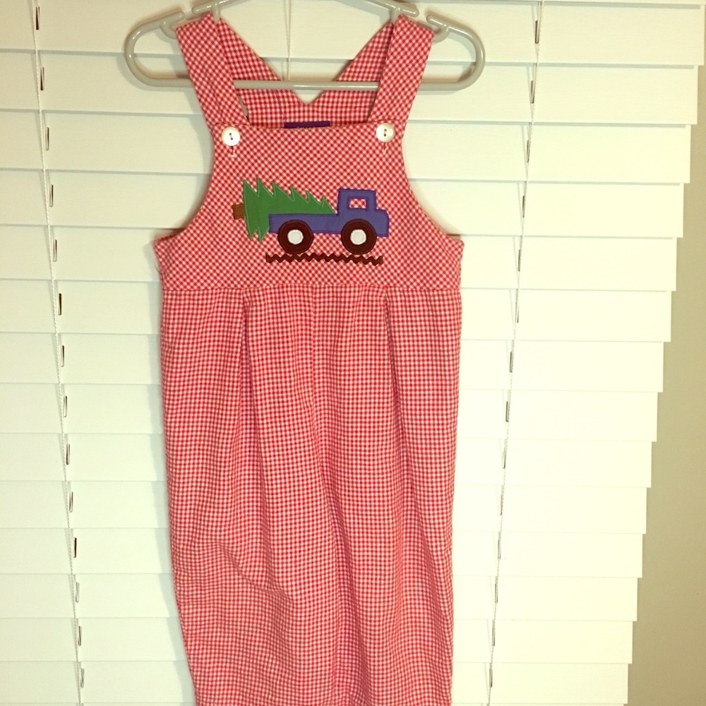 Cotton Blu red gingham Christmas overalls